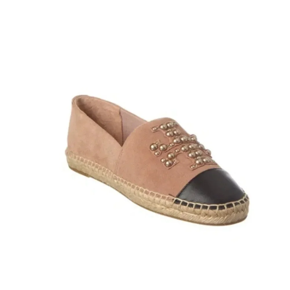 TORY BURCH Pearl Logo Flat Espadrille Suede-MEADOWSWEET size 8.5M